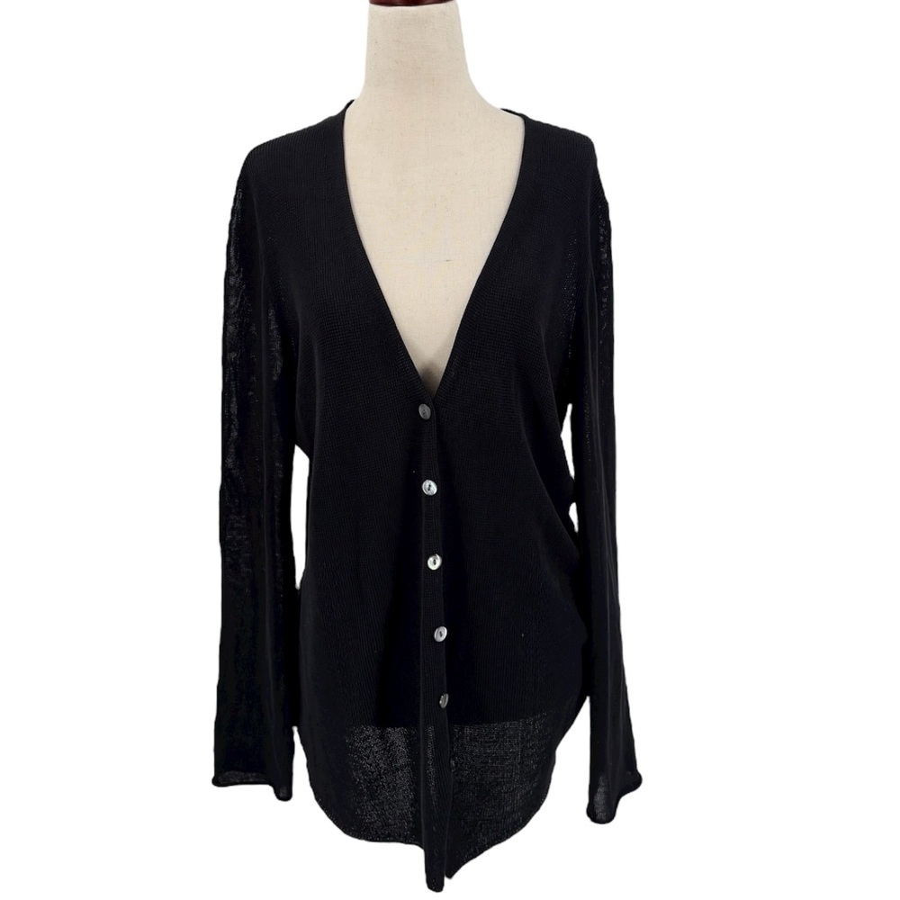 Eileen Fisher System‎ Black Cotton V-Neck Cardigan Large